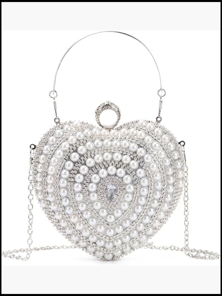 Elegant Heart Shape Evening Clutch With Pearl Rhinestone Detachable Chain Strap